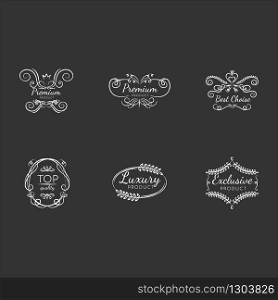 Premium quality chalk white icons set on black background. Luxury products, service guarantee. Brand equity assurance. Best choice, exclusive goods badges isolated vector chalkboard illustrations