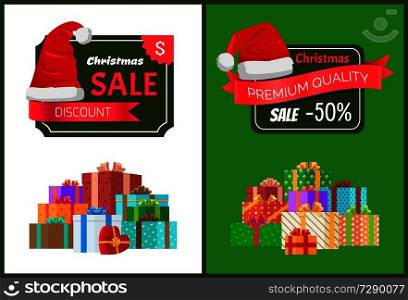 Premium quality Christmas sale promo stickers with hat, advert text on ribbon and piles of packed presents wrapped in colored paper bows vector poster. Premium Quality Christmas Sale Promo Sticker Hat