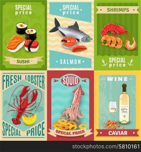 Premium quality fish and seafood mini poster set isolated vector illustration. Seafood Poster Set