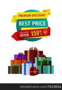 Premium quality for best price promo label. Exclusive offer with up to half-price discount banner with present boxes heap for holiday sellout event.. Best Prices Special Offer for Holiday Sale Banner