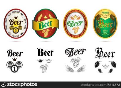 Premium quality golden crown beer labels set in black and color with hop abstract isolated vector illustration. Beer popular brands labels icons set