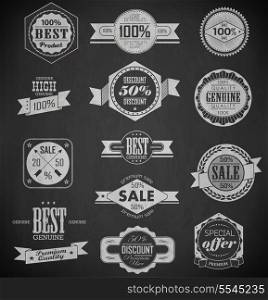 Premium Quality, Guarantee and sale Labels and typography design drawing with chalk on blackboard/ with retro vintage styled design