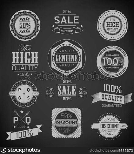 Premium Quality, Guarantee and sale Labels and typography design drawing with chalk on blackboard