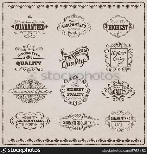 Premium quality guaranteed vintage emblems filigree calligraphic set isolated vector illustration. Quality Emblems Set