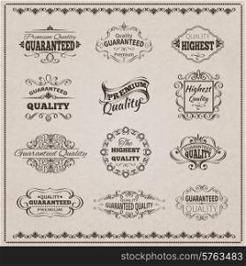 Premium quality guaranteed vintage emblems filigree calligraphic set isolated vector illustration. Quality Emblems Set