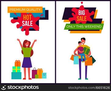 Premium quality hot and big sale only this weekend, poster with woman with raised hands and man with son and bags vector illustration. Premium Quality Hot, Big Sale Vector Illustration