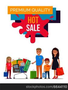 Premium quality hot sale, unique poster depicting mom and dad, son and daughter with bags and cart, headline on vector illustration. Premium Quality Unique Poster Vector Illustration