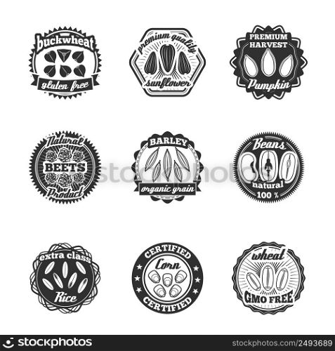Premium quality natural plant seed black label set isolated vector illustration