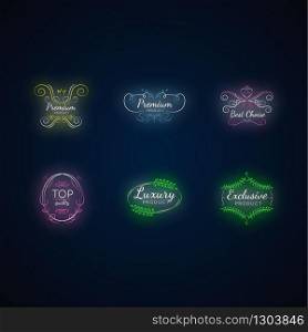 Premium quality neon light icons set. Luxury products signs with outer glowing effect. Brand equity assurance. Best choice, exclusive goods badges vector isolated RGB color illustrations