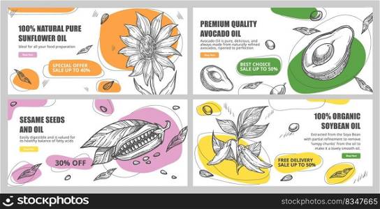 Premium quality oil, web page vector illustration. Flat hand drawn organic seed ingredient for production. Landing banner collection with sunflower, avocado product, sesame and soybean. Premium quality oil, web page vector illustration