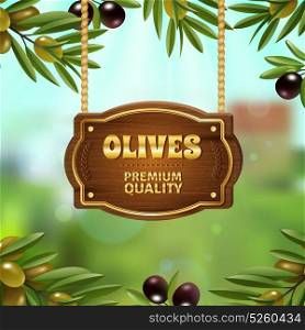 Premium Quality Olives Background. Premium quality olives background with natural product symbols cartoon vector illustration