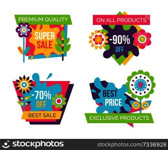 Premium quality on all products, best sale and exclusive products collection of stickers, premium quality vector illustration isolated on white background. Premium Quality All Products Vector Illustration
