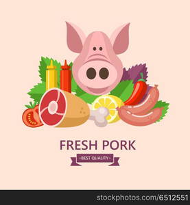 Premium quality pork. Farm meat. Still life of fresh meat, sausages, ketchup, mustard, vegetables on the background of Basil leaves and lemon. Big cute pig. Vector illustration.