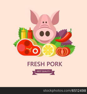 Premium quality pork. Farm meat. Still life of fresh meat, vegetables on the background of Basil leaves and lemon. Big cute pig. Vector illustration.