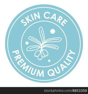 Premium quality product, skincare and beauty treatment. Lotions or creams, washing gel or foam for pores cleanliness. Cosmetics with olives. Label or emblem for package, vector in flat style. Skin care, premium quality product, emblem vector