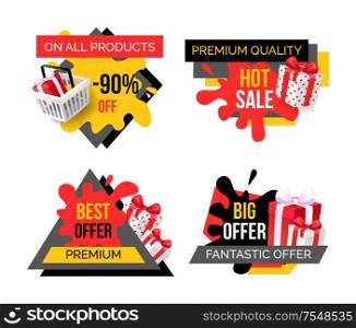 Premium quality products sale, exclusive offer isolated banners set vector. Present in basket blots and ribbons, bargain of shops to clients customers. Premium Quality Products Sale, Exclusive Offer