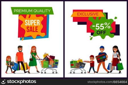 Premium quality super sale clearance on colorful signs with smiling people and shopping bags. Vector illustration contains special offer advert. Premium Quality Super Sale Vector Illustration