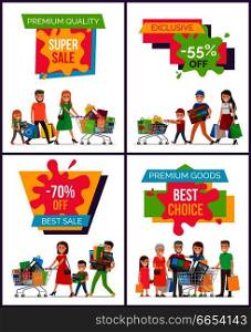Premium quality super sale, exclusive -55% off, set of placards with images of family with bags and shopping carts on vector illustration. Premium Quality Super Sale Set Vector Illustration