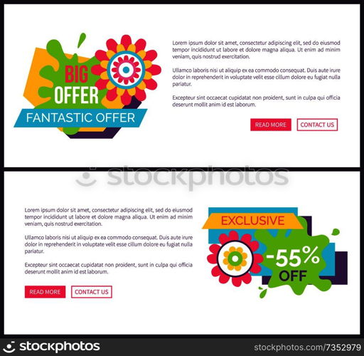 Premium quality super sale labels landing pages cartoon flowers, vector promo stickers springtime or summertime blossoms online posters vouchers design. Premium Quality Super Sale Labels on Landing Pages