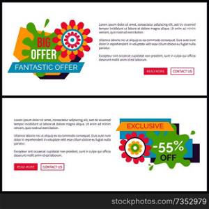 Premium quality super sale labels landing pages cartoon flowers, vector promo stickers springtime or summertime blossoms online posters vouchers design. Premium Quality Super Sale Labels on Landing Pages