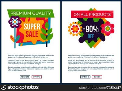 Premium quality super sale labels on landing pages cartoon flowers, vector promo stickers springtime or summertime blossoms online posters push buttons. Premium Quality Super Sale Labels on Landing Pages
