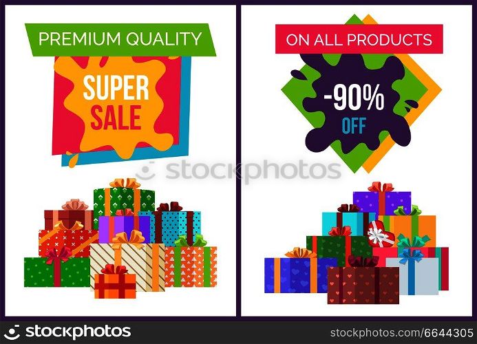 Premium quality super sale offer set of color posters on white background. Vector illustration with exclusive proposition decorated with gift boxes. Premium Quality Super Sale Offer Set of Posters