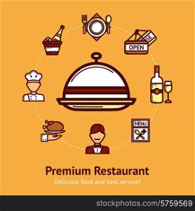 Premium restaurant concept with food and cooking utensil icons set vector illustration. Restaurant Concept Illustration