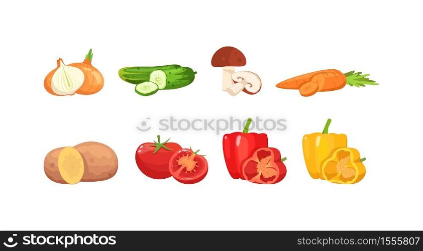 Premium vegetables semi flat RGB color vector illustration set. Ingredients for vegan salad. Different color bell peppers. Eco foodstuff products isolated cartoon object on white background. Premium vegetables semi flat RGB color vector illustration set