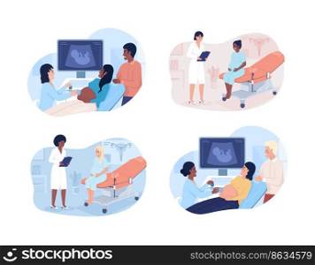 Prenatal care 2D vector isolated illustrations set. Pregnancy and birth flat characters on cartoon background. Medical colourful editable scenes for mobile, website, presentation collection. Prenatal care 2D vector isolated illustrations set