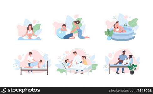 Prenatal care flat color vector faceless character set. Pregnancy yoga. Midwife help parent. Alternative childbirth isolated cartoon illustration for web graphic design and animation collection. Prenatal care flat color vector faceless character set