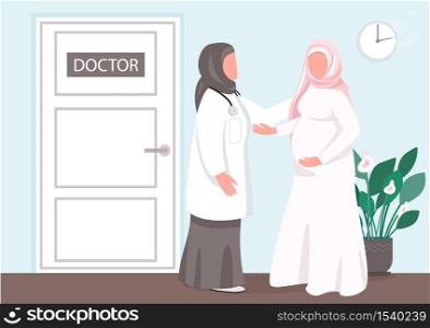 Prenatal consultation flat color vector illustration. Muslim girl visit doctor. Clinic for young mother health check. Pregnant woman with gynecologist 2D cartoon characters with interior on background. Prenatal consultation flat color vector illustration