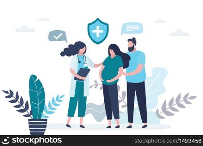 Prenatal medicine. Cute pregnant woman with husband and female doctor. Medical worker or nurse in uniform. Consultation, recommendations of physician. Health insurance or baby care. Vector