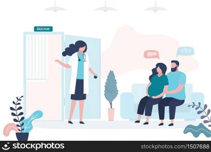 Prenatal medicine. Cute pregnant woman with husband at reception,people are waiting for a doctor. Medical worker or nurse in uniform. Consultation, recommendations of physician. Lobby room interior.