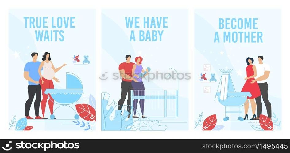Prenatal Training and Maternity Courses Advertisement. Happy Man Woman, Wife Husband Waiting for Childbirth, Holding Newborn Baby, Taking Care of Kid. Vertical Flat Poster Set. Vector Illustration. Prenatal Maternity Courses Ad Vertical Poster Set