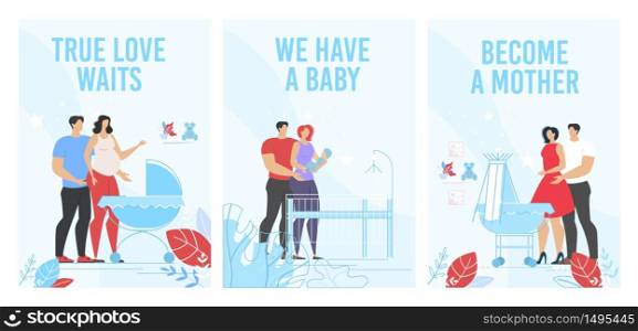 Prenatal Training and Maternity Courses Advertisement. Happy Man Woman, Wife Husband Waiting for Childbirth, Holding Newborn Baby, Taking Care of Kid. Vertical Flat Poster Set. Vector Illustration. Prenatal Maternity Courses Ad Vertical Poster Set