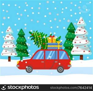 Preparation for christmas holidays. Automobile loaded with pine tree with garlands and presents in boxes. Pickup with gifts for winter holiday. Xmas and new year celebration and greeting vector. Red Car with Pine Tree and Presents in Box Vector