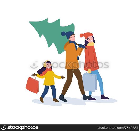 Preparation for Christmas holidays, winter season vector. Mother father and kid, man carrying bought pine tree, people returning home from shopping. Preparation for Christmas Holidays, Winter Season