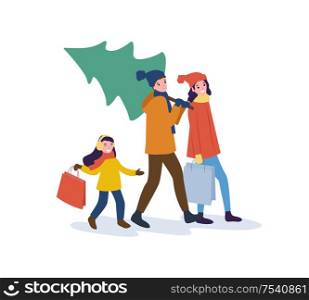 Preparation for Christmas holidays, winter season vector. Mother father and kid, man carrying bought pine tree, people returning home from shopping. Preparation for Christmas Holidays, Winter Season