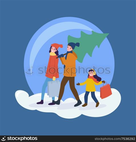 Preparation for Christmas, man carrying pine tree vector. Father and mother with kid, daughter happy of shopping, walking with purchased item in bag. Preparation for Christmas, Man Carrying Pine Tree