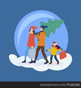 Preparation for Christmas, man carrying pine tree vector. Father and mother with kid, daughter happy of shopping, walking with purchased item in bag. Preparation for Christmas, Man Carrying Pine Tree