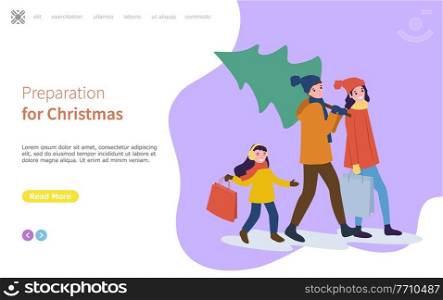 Preparation for Christmas winter holidays family celebrating event vector. Father carrying evergreen pine tree in hands. Mother child with packages. Preparation for Christmas Winter Holidays Family