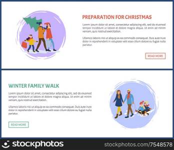 Preparation for Christmas winter holidays set vector. Mother and father, children having fun outdoors, woman with packages, shopping. People on sledge. Preparation for Christmas Winter Holidays Set