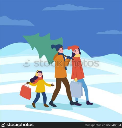Preparation for Christmas woman and man with fir vector. People returning home with purchased evergreen pine tree, father and mother with daughter. Preparation for Christmas Woman and Man with Fir