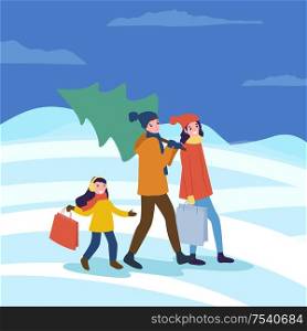 Preparation for Christmas woman and man with fir vector. People returning home with purchased evergreen pine tree, father and mother with daughter. Preparation for Christmas Woman and Man with Fir