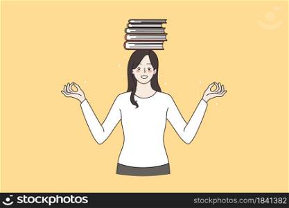 Preparation for exam and education concept. Young smiling woman standing with crossed fingers holding stack of books on head vector illustration . Preparation for exam and education concept