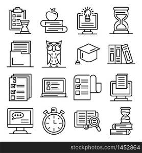 Preparation for exams icons set. Outline set of preparation for exams vector icons for web design isolated on white background. Preparation for exams icons set, outline style