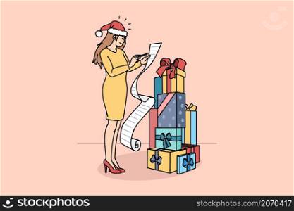 Preparation for New year holidays concept. Positive young woman in Christmas santa hat standing counting fixing paper with present list for friends vector illustration . Preparation for New year holidays concept