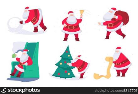 Preparations for Christmas and new year celebration, isolated Santa Claus with sack of presents for Xmas. Man ringing bell, sitting in armchair and reading list of wishes, decorating tree vector. Santa Claus preparing for Christmas and New Year
