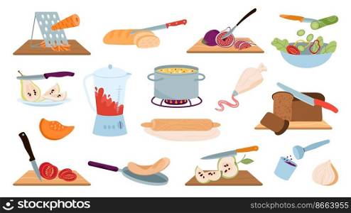 Prepare food process. Cooking, chopped fruit, vegetables on board. Kitchen recipes elements, isolated meal cut with knife. Cook product decent vector set. Illustration of food cooking meal. Prepare food process. Cooking, chopped fruit, vegetables on board. Kitchen recipes elements, isolated meal cut with knife. Cook product decent vector set