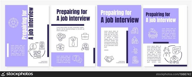 Prepare for interview purple brochure template. Practice, research. Flyer, booklet, leaflet print, cover design with linear icons. Vector layouts for presentation, annual reports, advertisement pages. Prepare for interview purple brochure template